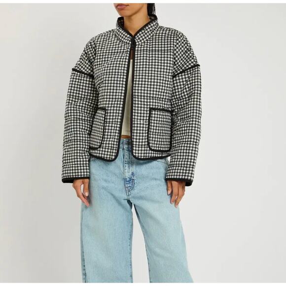 Free People Jackets & Blazers - Free People Chloe Gingham Quilted Jacket Black White Oversized Puffer Small S